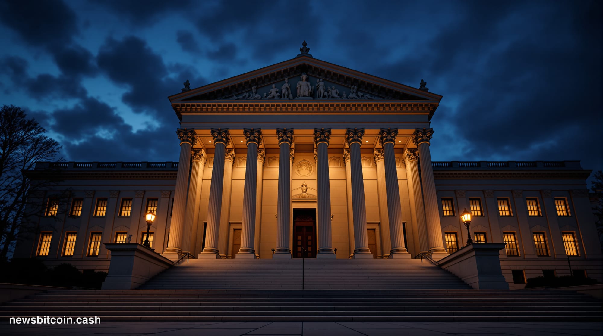 Cinematic photorealistic editorial photograph of the Federal Reserve's Eccles Building in Washington D.C., shot at dusk from 