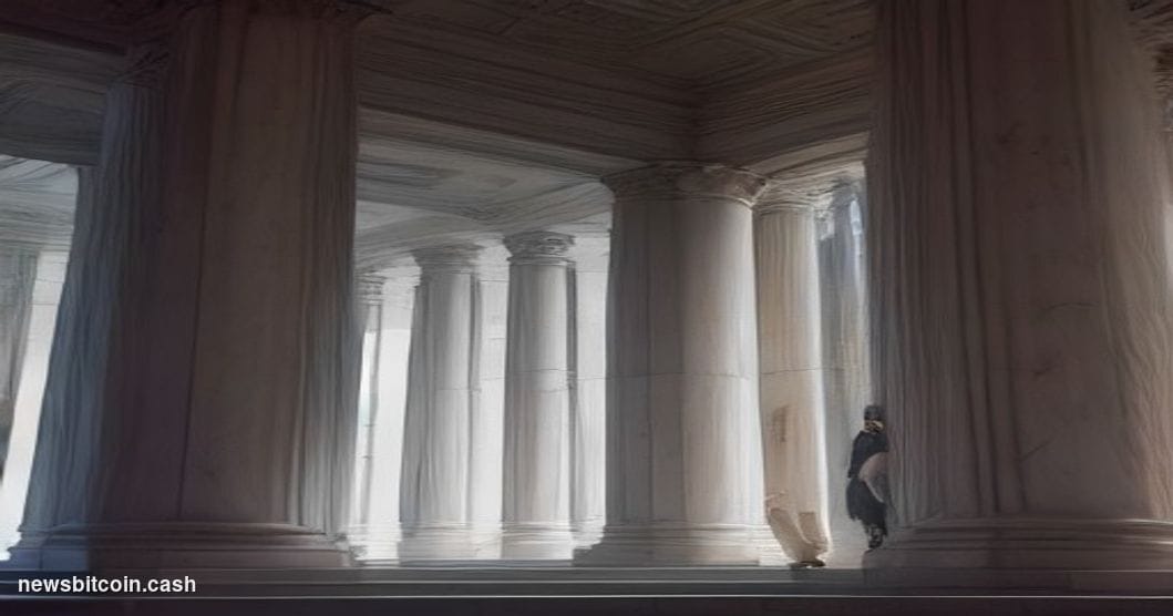 Cinematic photorealistic editorial photograph of the Federal Reserve's Eccles Building in Washington D.C., shot at dusk from 