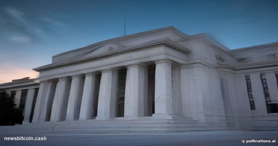 Cinematic photorealistic editorial photograph of the Marriner S. Eccles Federal Reserve Building in Washington D.C., shot fro