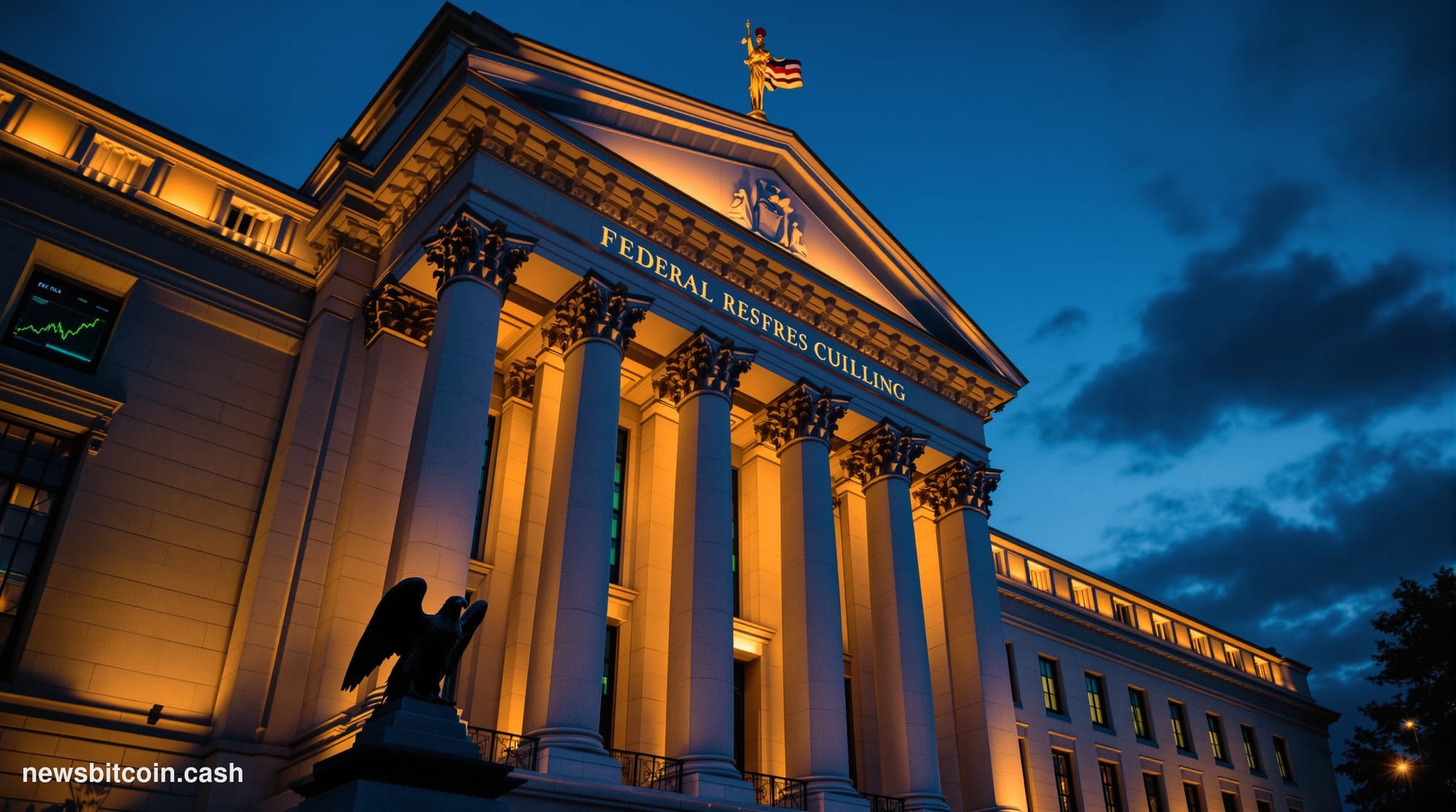 A cinematic photorealistic editorial photograph of the Federal Reserve's Eccles Building in Washington D.C., shot from a low 