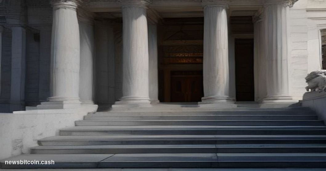 Cinematic photorealistic editorial photograph of the Federal Reserve's Eccles Building in Washington D.C., shot from a low an