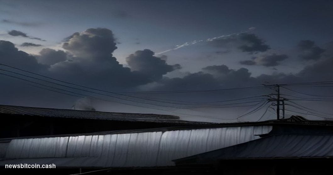 Cinematic photorealistic editorial photograph of a Southeast Asian urban-industrial compound at dusk, shot from a low angle l