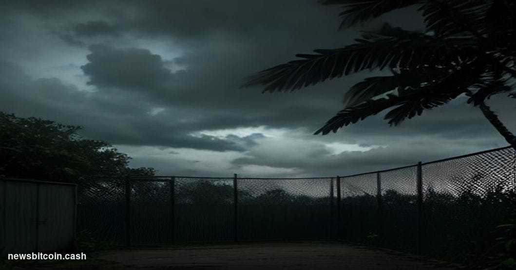 Cinematic photorealistic editorial photograph shot from a low angle at dusk, looking up at a heavily fortified compound compl