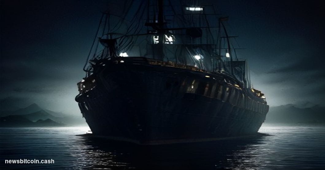 Cinematic photorealistic editorial photograph of a sunken ship partially submerged in dark, still water at dusk, its hull wea