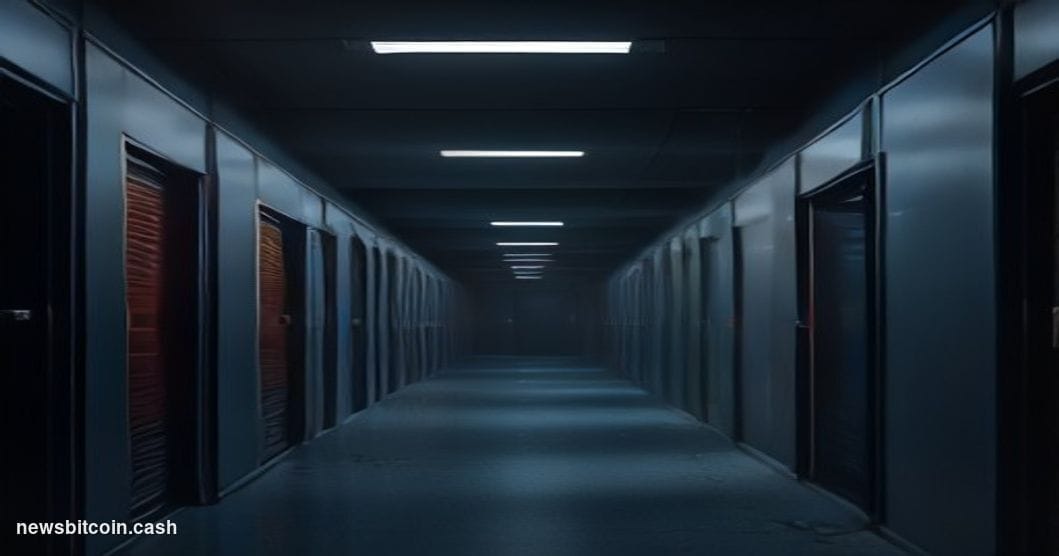 Cinematic photorealistic editorial photograph of a desolate, rain-slicked server room corridor at night, dramatically lit by 
