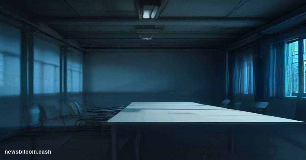 Cinematic photorealistic editorial photograph of a G7 summit chamber rendered in deep shadows and cool blue-grey tones, with 
