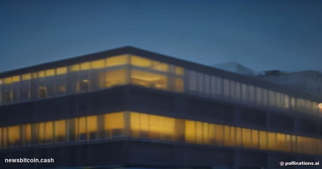 Cinematic photorealistic editorial photograph of Zagreb's modern Z Centar venue exterior at dusk, shot from a low angle looki