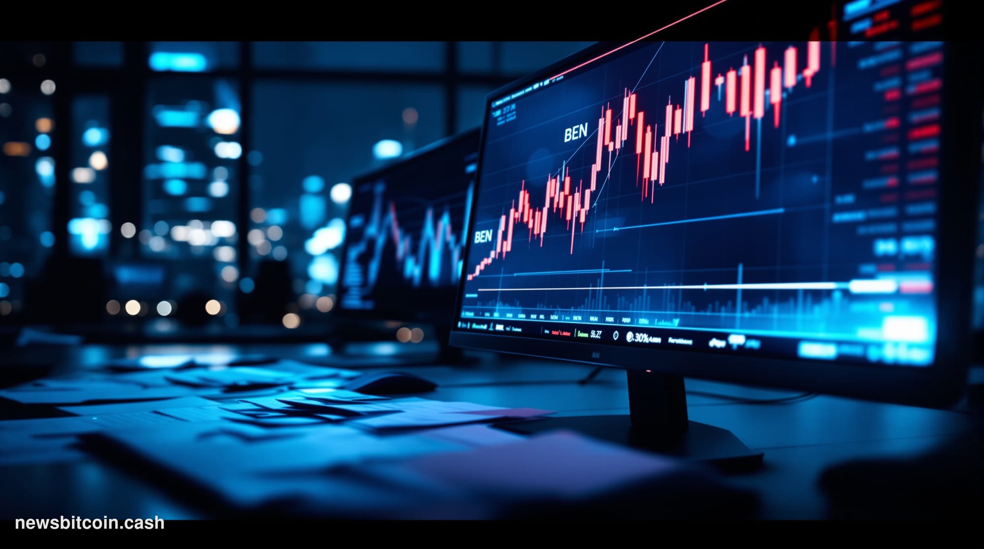 Cinematic photorealistic editorial photograph of a sleek trading terminal screen in a dimly lit professional trading room, di