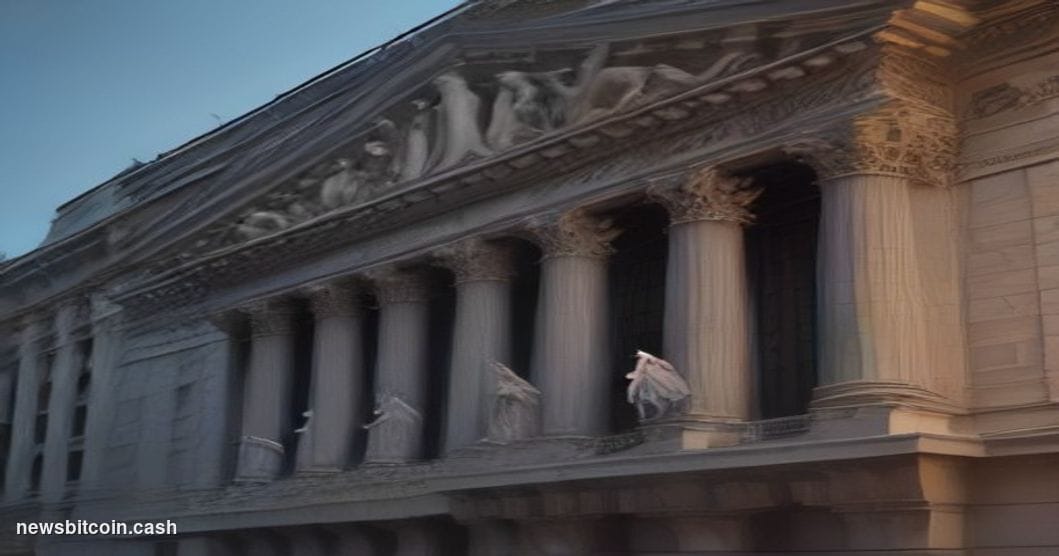 Cinematic photorealistic editorial photograph of the New York Stock Exchange exterior on Wall Street, shot at dusk from a low