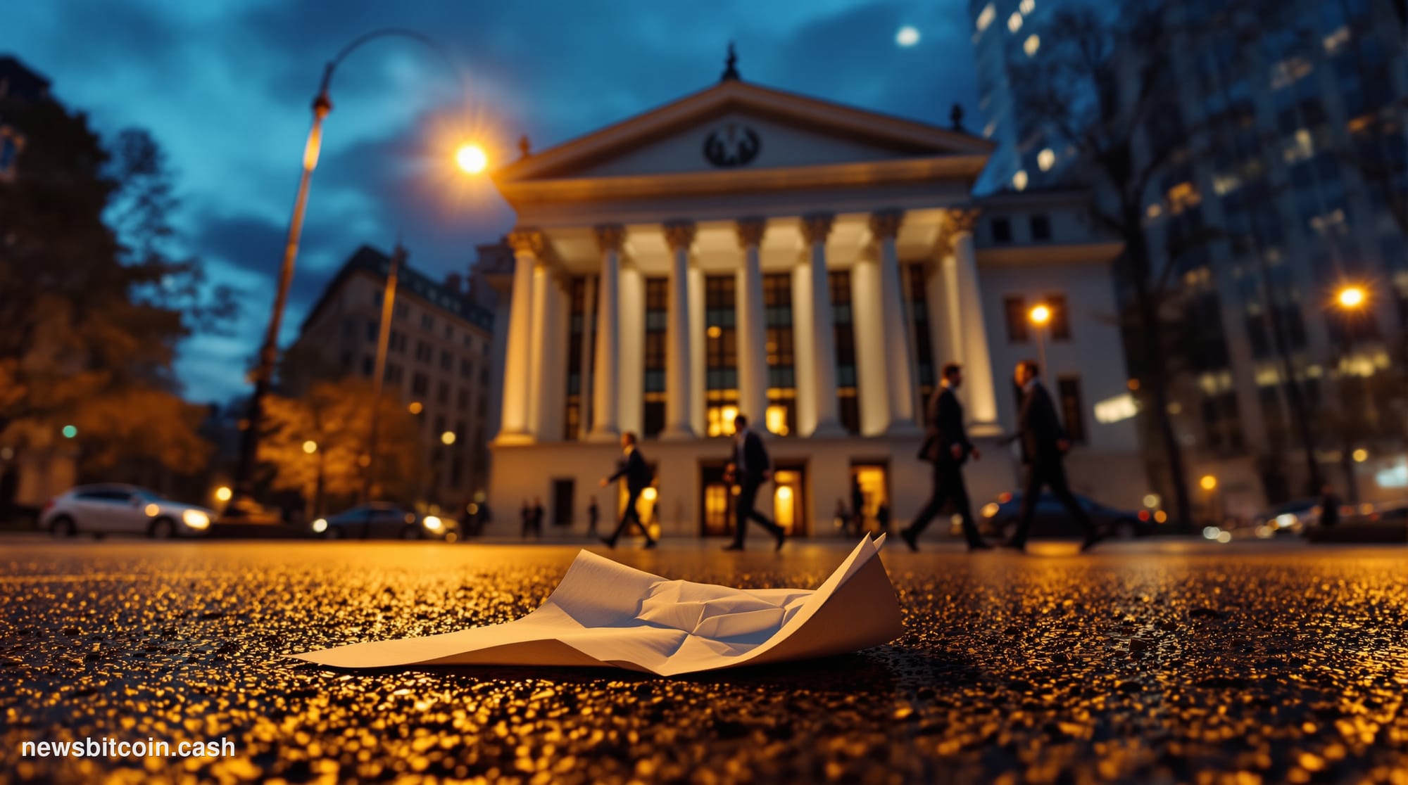 Cinematic photorealistic editorial photograph of the New York Stock Exchange trading floor exterior on Wall Street at dusk, d