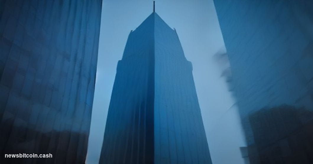 Cinematic photorealistic editorial photograph of the Korea Exchange building in Yeouido, Seoul's financial district, shot fro