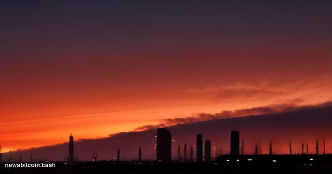 Cinematic photorealistic editorial photograph of an oil refinery silhouetted against a turbulent amber and crimson sky at dus