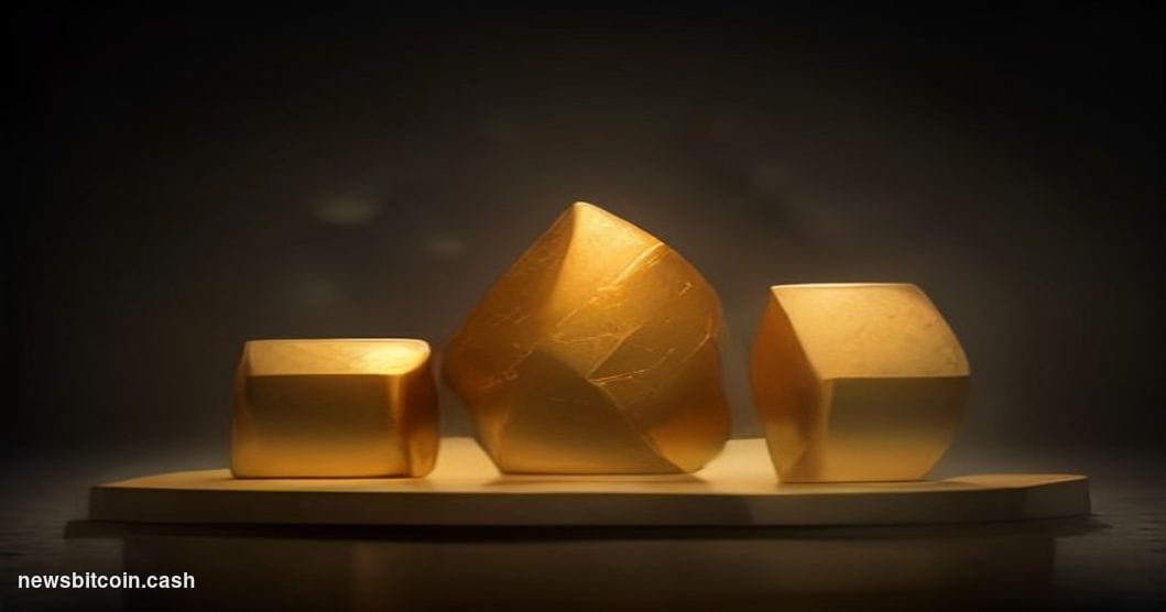 Cinematic photorealistic editorial photograph of a gleaming stack of gold bars arranged on a dark stone surface, sharply lit 