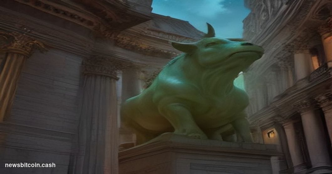A cinematic photorealistic editorial photograph shot at a low angle looking up at the Frankfurt Stock Exchange's neoclassical