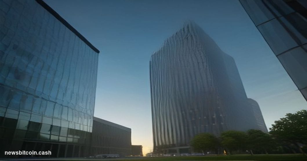 A cinematic photorealistic editorial photograph shot at ground level looking up at two towering corporate headquarters facade