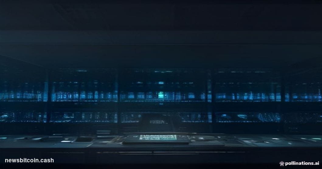 A cinematic photorealistic editorial photograph shot at a low angle looking up at a darkened server room filled with rows of 