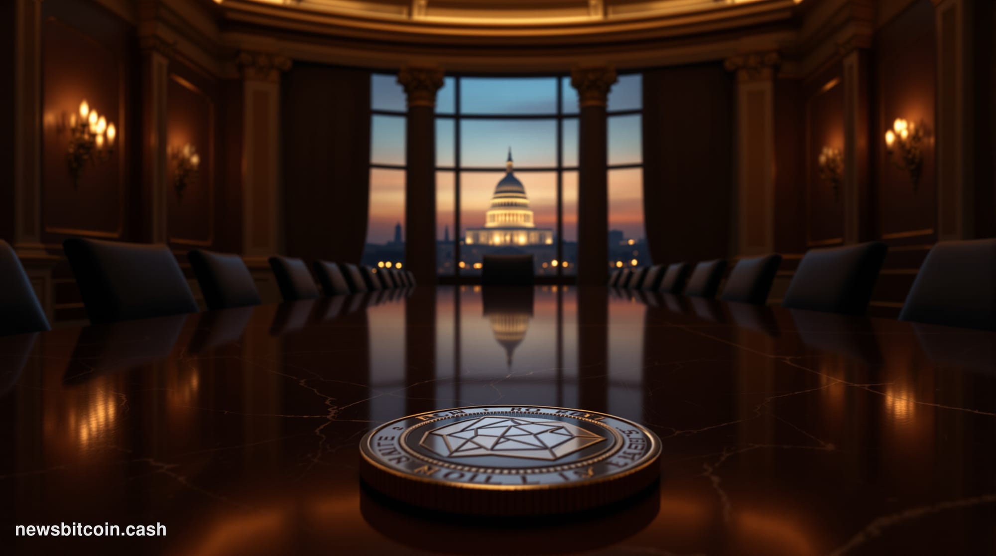 A cinematic photorealistic editorial photograph set inside a grand Federal Reserve boardroom, shot from a low angle looking t