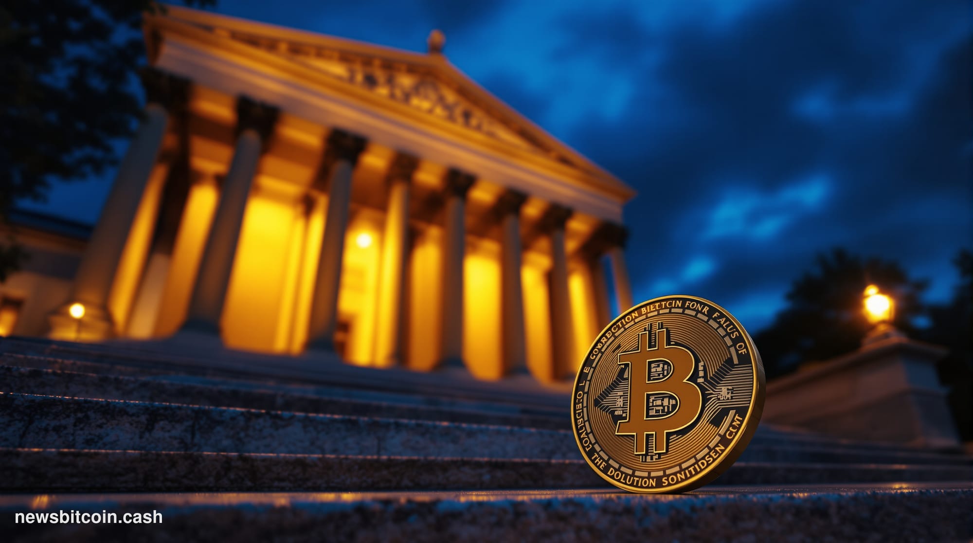 Cinematic photorealistic editorial photograph of the Federal Reserve Building in Washington D.C., shot from a low angle at du