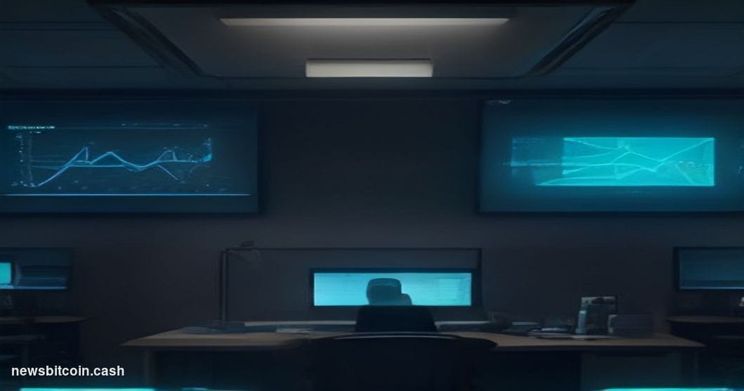 Cinematic photorealistic editorial photograph of a sleek trading floor environment bathed in cool blue and amber light, with 