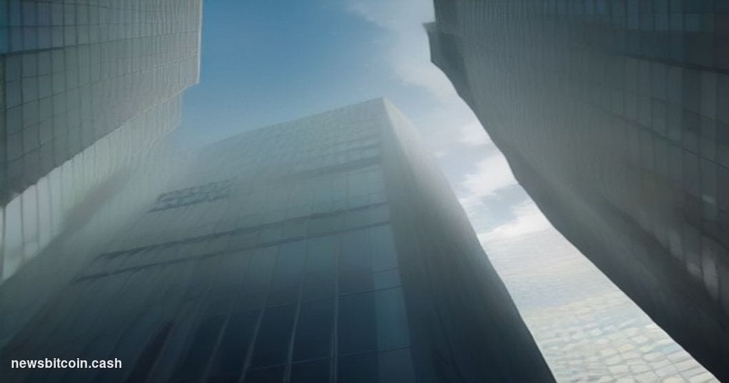 A cinematic photorealistic editorial photograph shot from a low angle looking up at the glass and steel facade of a Washingto