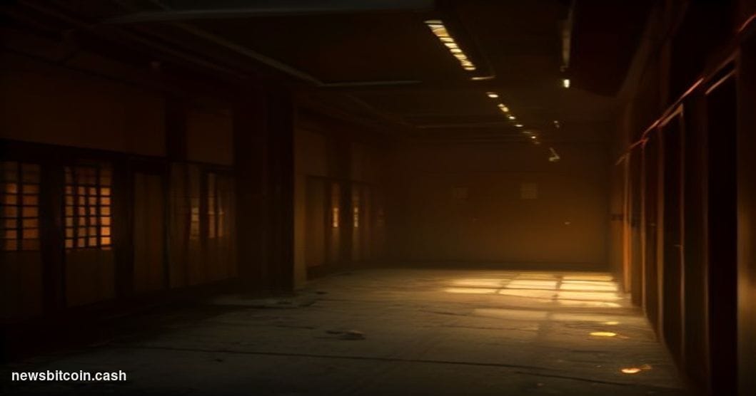 A cinematic photorealistic editorial photograph of a decommissioned server room with rack-mounted hardware showing amber warn