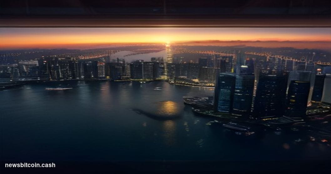 Cinematic photorealistic editorial photograph of a dramatic twilight shot of a gleaming glass-and-steel financial district, w