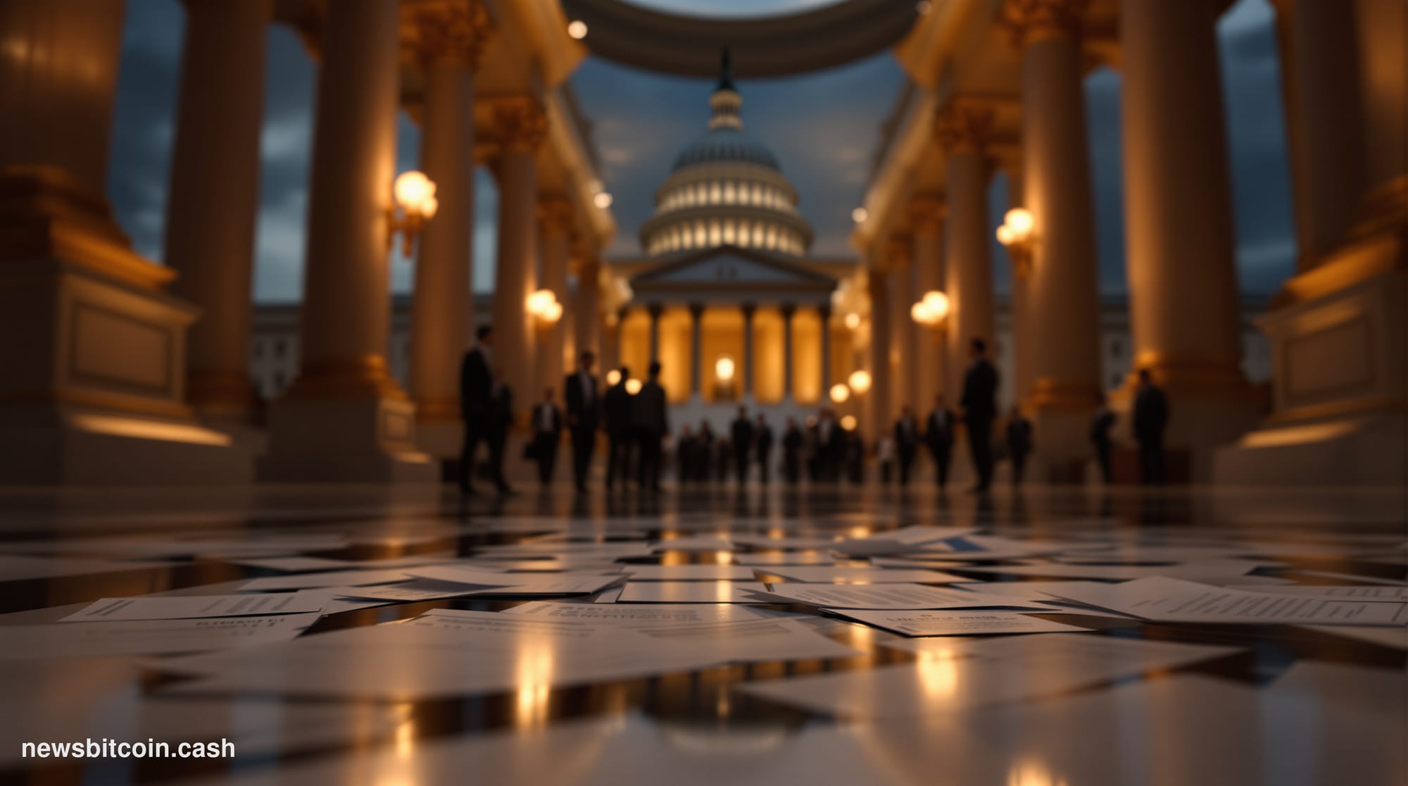 A cinematic photorealistic editorial photograph of the US Capitol building's interior rotunda hallway at dusk, with warm ambe