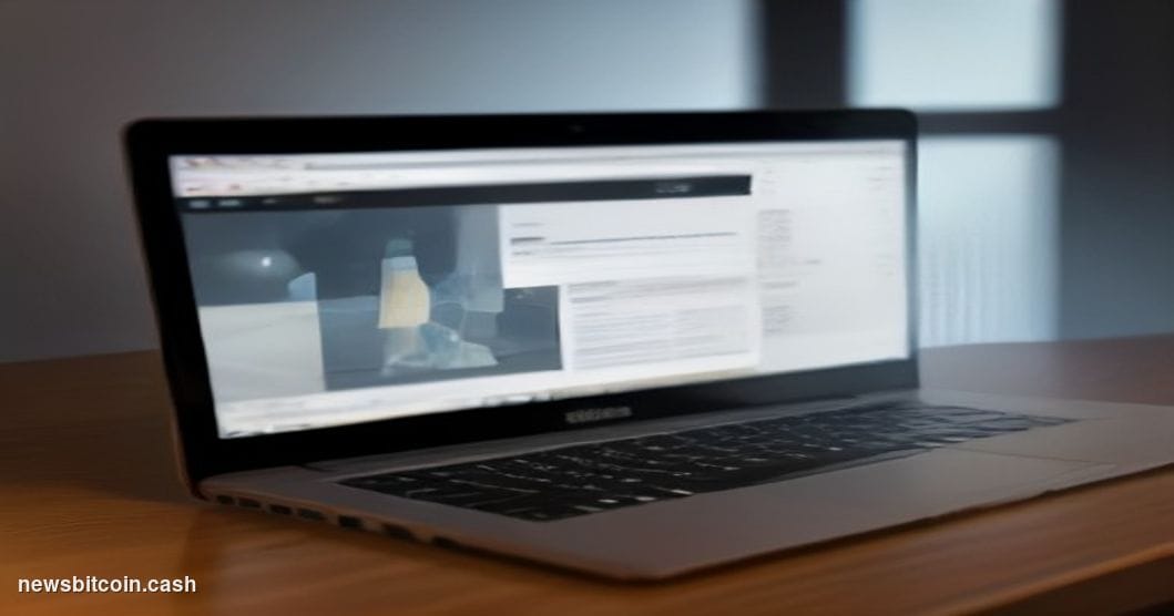 Cinematic photorealistic editorial photograph of a sleek, dark laptop computer sitting open on a polished mahogany desk, its 