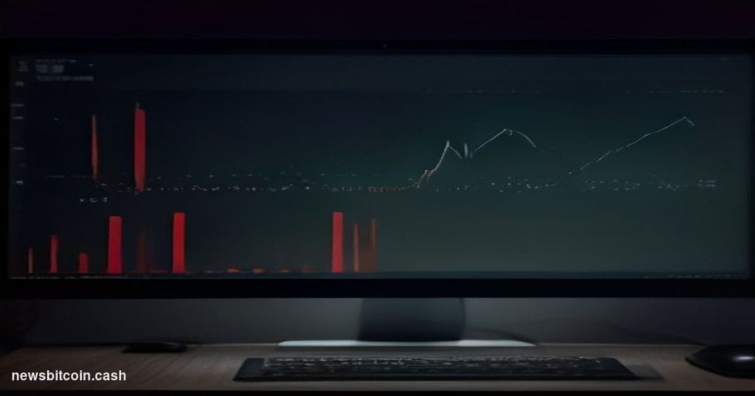 Cinematic photorealistic editorial photograph of a crashing price chart rendered on a large monitor screen in a dark, dramati
