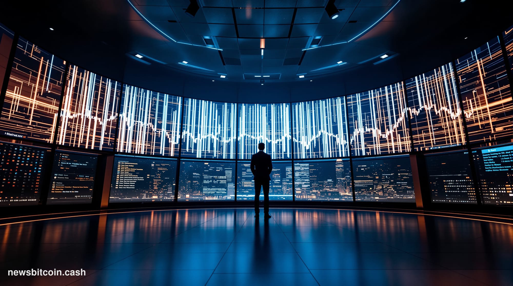 A cinematic photorealistic editorial photograph shot inside a sleek, dimly lit financial trading floor, foreground dominated 