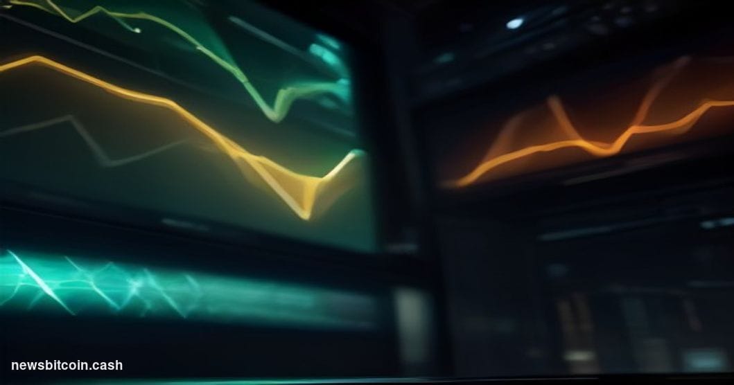 Cinematic photorealistic editorial photograph of a modern financial trading floor at dusk, shot from a low angle looking up t