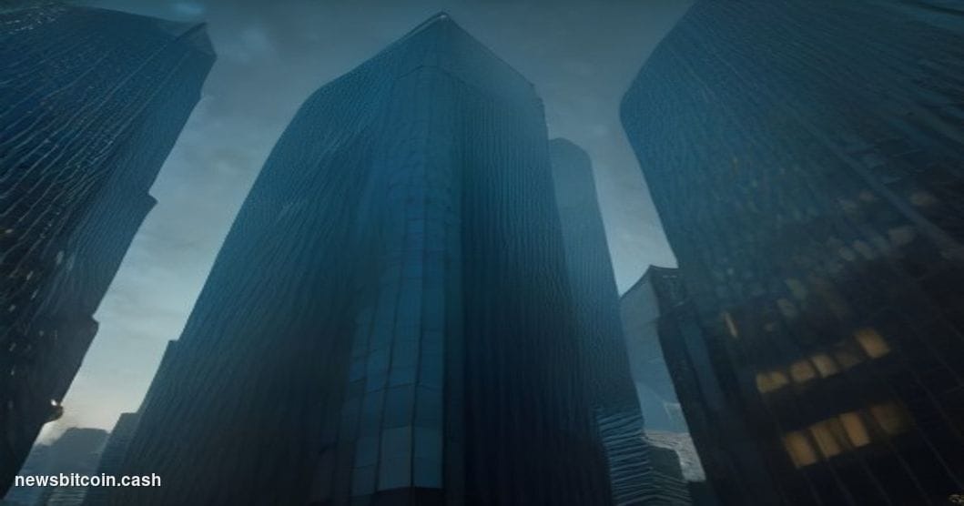A cinematic photorealistic editorial photograph shot from a low angle looking up at two towering glass office buildings at du