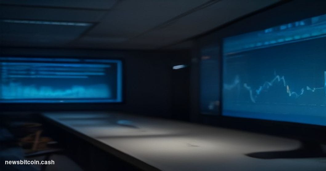 Cinematic photorealistic editorial photograph of a sleek modern financial exchange trading floor, dramatically lit with deep 