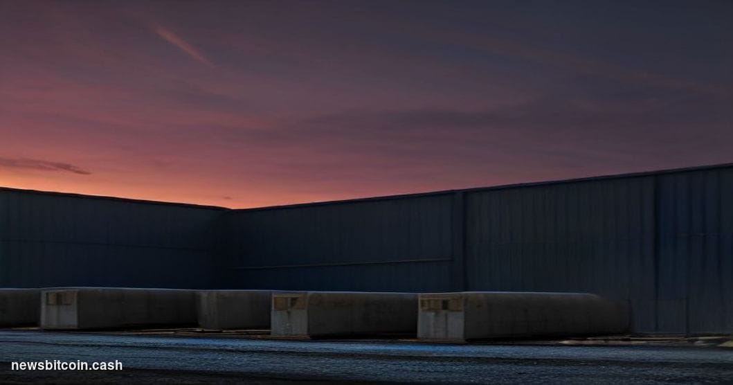 Cinematic photorealistic editorial photograph of a large industrial data center facility in Michigan's rust-belt landscape, s