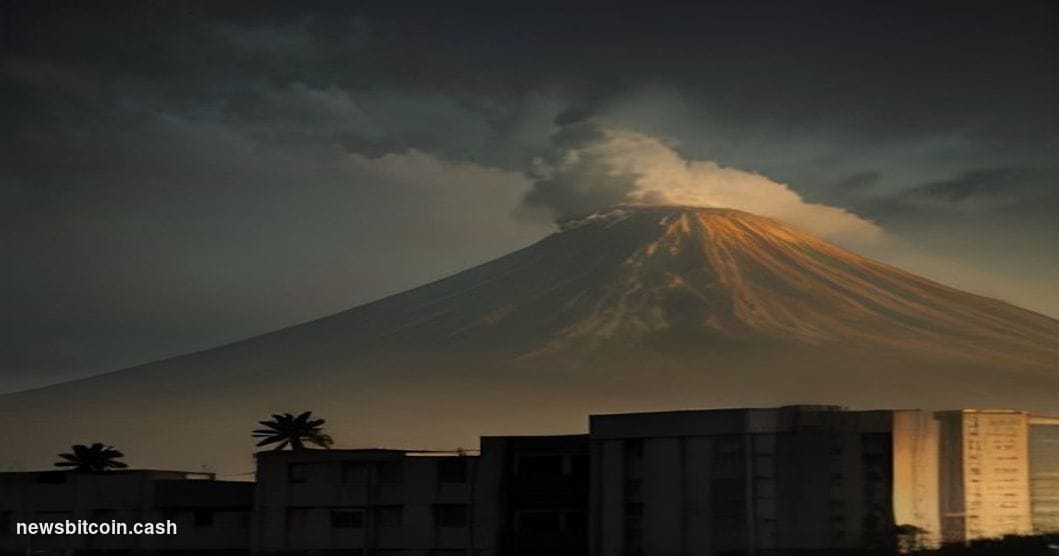A cinematic photorealistic editorial photograph set in San Salvador, El Salvador, with the iconic volcano Volcán de Santa Ana