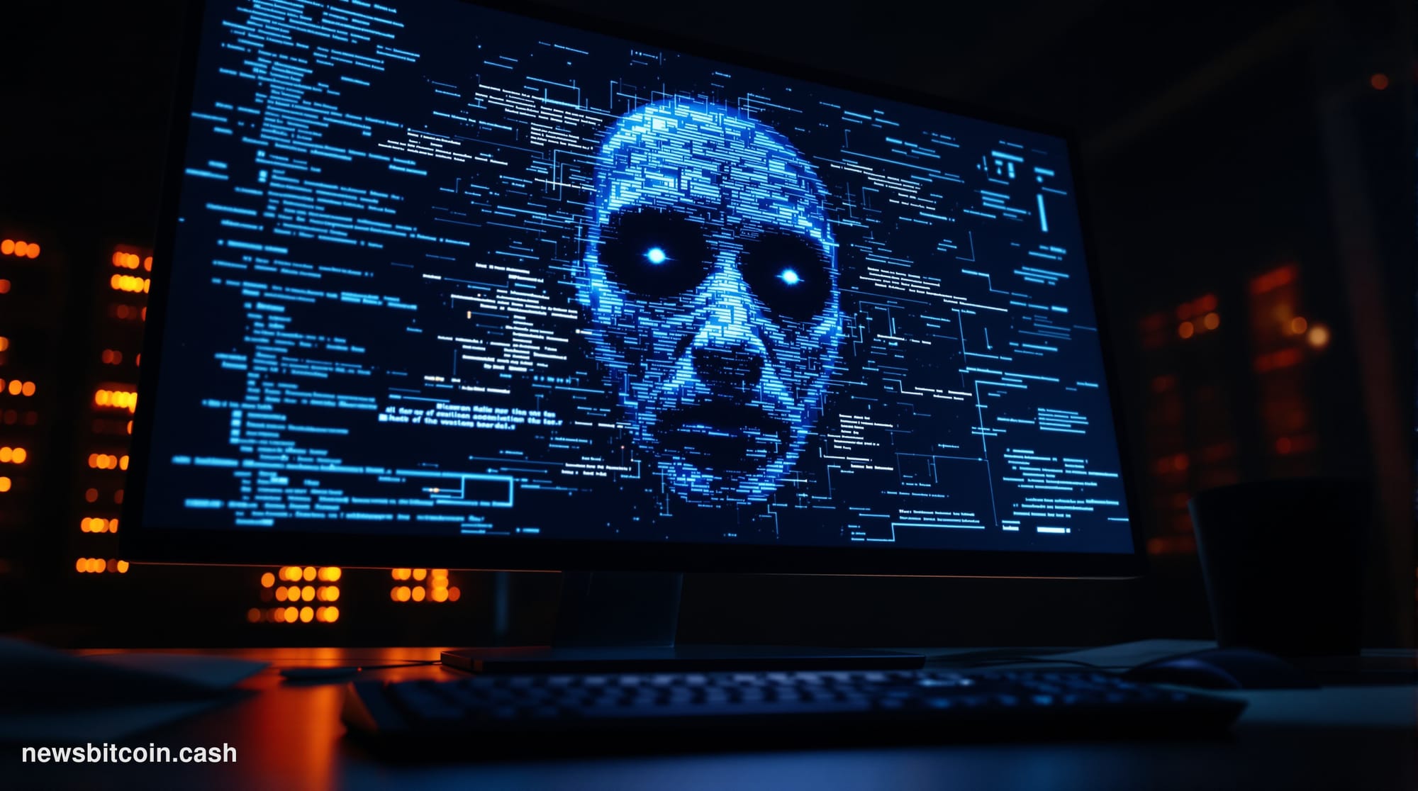 Cinematic photorealistic editorial photograph of a large dark monitor displaying a YouTube livestream interface, with an eeri