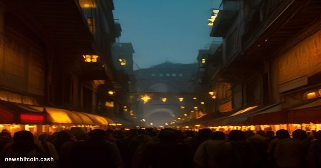 Cinematic photorealistic editorial photograph shot at ground level looking up at a busy Tehran bazaar entrance at dusk, warm 