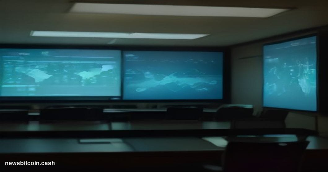 Cinematic photorealistic editorial photograph of a dimly lit governmental war room interior, with multiple large screens disp