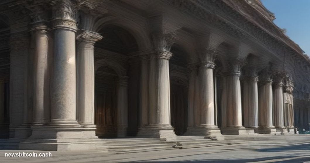 Cinematic photorealistic editorial photograph of the Banca d'Italia headquarters in Rome — the imposing neoclassical stone fa