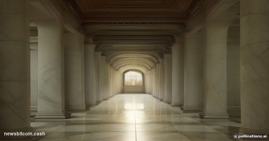 Cinematic photorealistic editorial photograph of the interior of a Federal Reserve building hallway, shot from a low angle lo