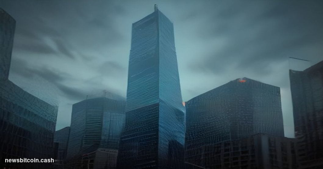 Cinematic photorealistic editorial photograph of the Tokyo financial district at dusk, shot from a low angle looking up at th
