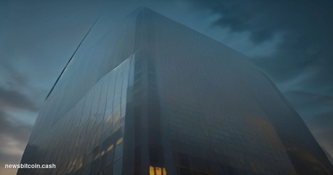 Cinematic photorealistic editorial photograph of a J.P. Morgan office tower in New York City at dusk, shot from a low angle l