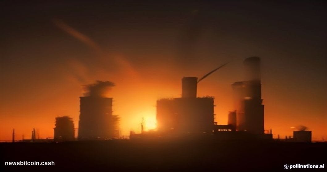 Cinematic photorealistic editorial photograph of a dramatic oil refinery silhouetted against a dark, smoke-filled orange and 