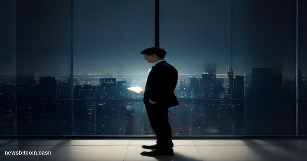 A cinematic photorealistic editorial photograph of a lone, sharply dressed Asian male figure silhouetted against the floor-to