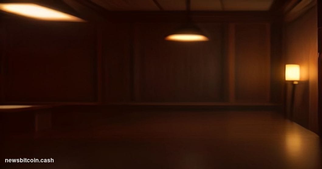 A cinematic photorealistic editorial photograph set inside a dimly lit Federal Reserve boardroom environment, shot from a low