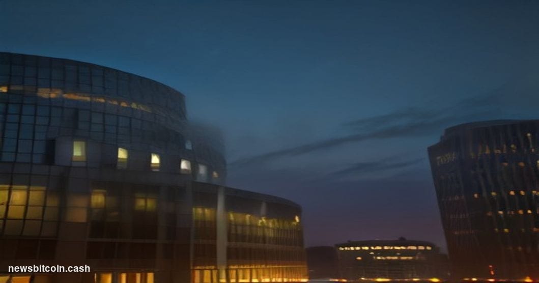 Cinematic photorealistic editorial photograph of the National Bank of Kazakhstan's grand modernist headquarters in Almaty, sh