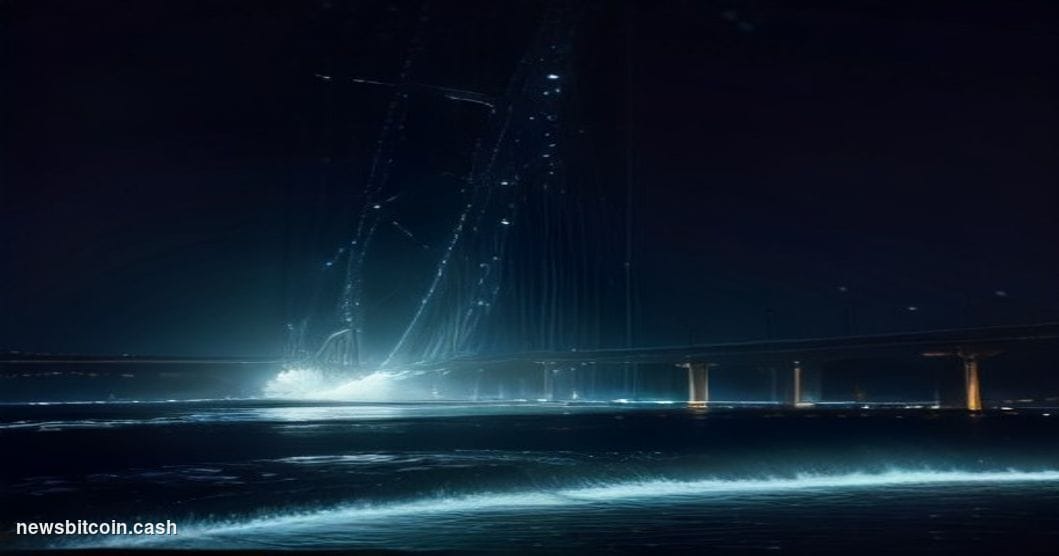 Cinematic photorealistic editorial photograph of a fractured digital bridge suspended in near-darkness, representing a catast