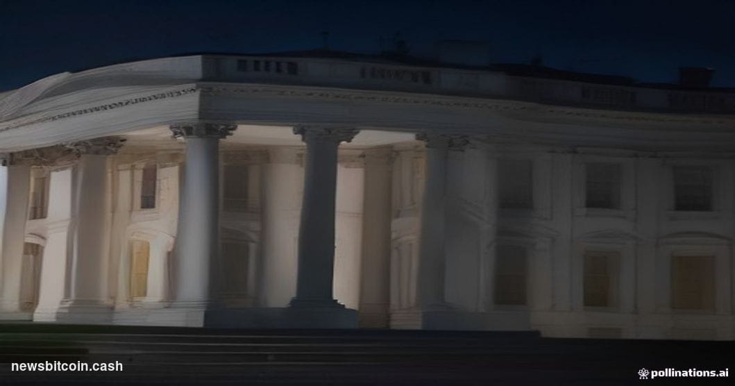 Cinematic photorealistic editorial photograph of the U.S. White House's West Wing exterior at dusk, shot from a low angle wit