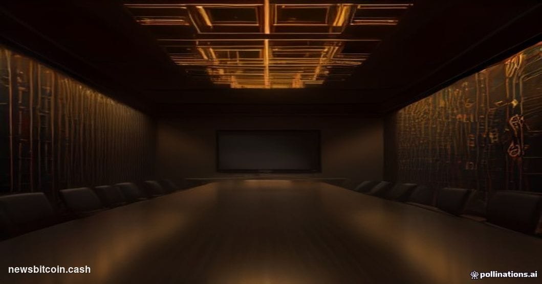 A cinematic photorealistic editorial photograph set in a dramatic, dimly lit technology boardroom, warm amber spotlight illum