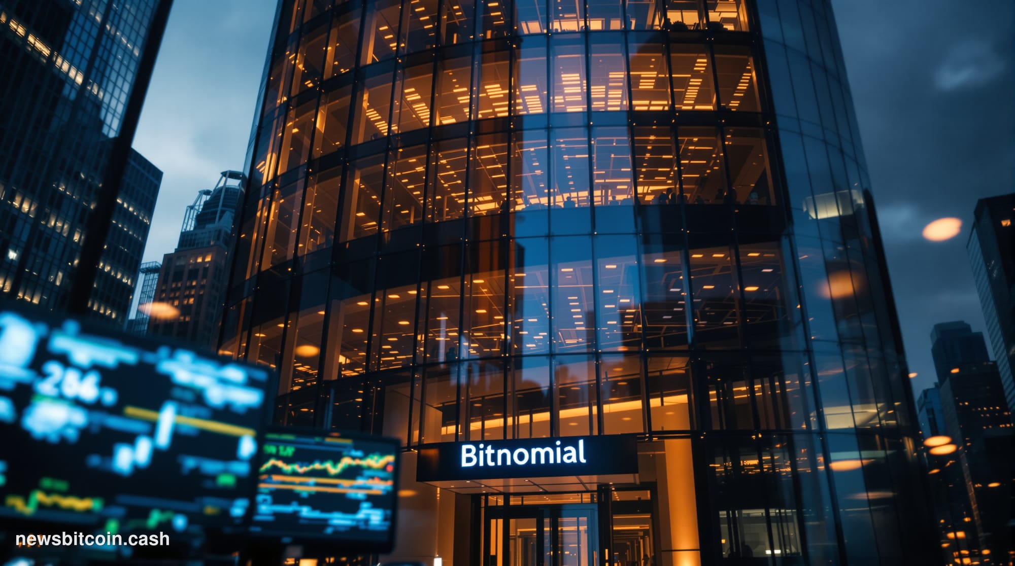 A cinematic photorealistic editorial photograph shot at ground level looking up at a modern Chicago financial district buildi